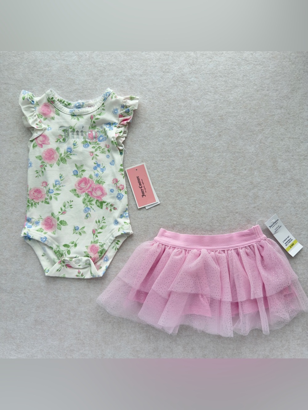 Juicy Couture Baby Girls Floral Bodysuit & Tutu Skirt Set Size 3-6M NWT NEW